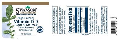 Photo of the Swanson Premium Brand High-Potency Vitamin D-3 1,000 IU (25 mcg) label