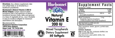 Photo of the Bluebonnet Natural Vitamin E 200 IU label