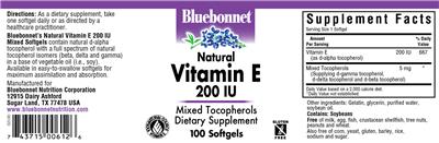 Photo of the Bluebonnet Natural Vitamin E 200 IU label