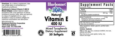 Photo of the Bluebonnet Natural Vitamin E 400 IU label