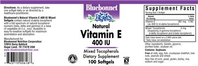 Photo of the Bluebonnet Natural Vitamin E 400 IU label