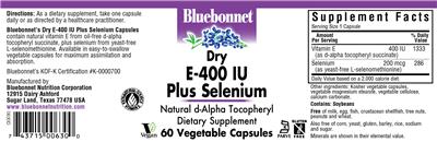 Photo of the Bluebonnet Dry E-400 IU Plus Selenium label