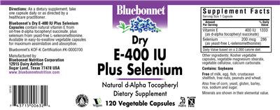 Photo of the Bluebonnet Dry E-400 IU Plus Selenium label