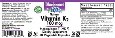 Photo of the Bluebonnet Natural Vitamin K2 100 mcg label