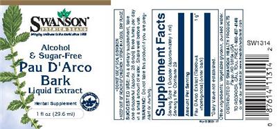 Photo of the Swanson Premium Brand Pau d'Arco Bark Liquid Extract Alcohol & Sugar-Free label