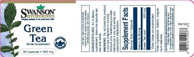 Photo of the Swanson Premium Brand Green Tea 500 mg label
