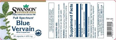 Photo of the Swanson Premium Brand Full Spectrum Blue Vervain 400 mg label