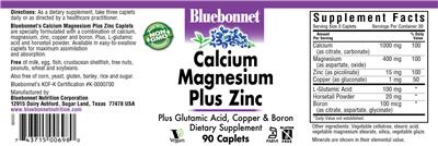 Photo of the Bluebonnet Calcium Magnesium Plus Zinc label