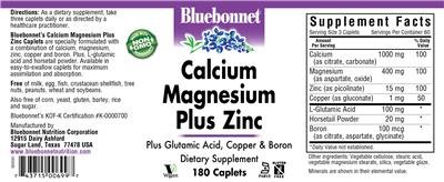 Photo of the Bluebonnet Calcium Magnesium Plus Zinc label