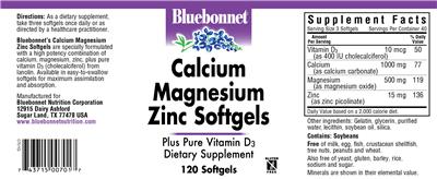 Photo of the Bluebonnet Calcium Magnesium Zinc Softgels label