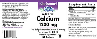 Photo of the Bluebonnet Milk-Free Calcium 1200 mg label