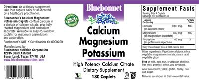 Photo of the Bluebonnet Calcium Magnesium Potassium label