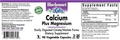 Photo of the Bluebonnet Calcium Plus Magnesium label
