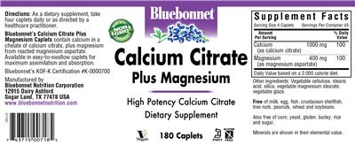 Photo of the Bluebonnet Calcium Citrate plus Magnesium label