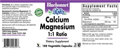 Photo of the Bluebonnet Calcium Magnesium 1:1 Ratio label