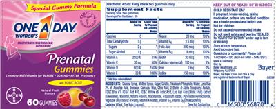 Photo of the Bayer One A Day Women's Prenatal Gummies with Folic Acid label