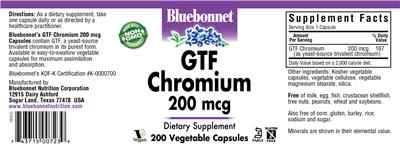 Photo of the Bluebonnet GTF Chromium 200 mcg label