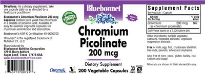 Photo of the Bluebonnet Chromium Picolinate 200 mcg label