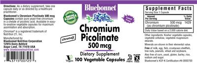 Photo of the Bluebonnet Chromium Picolinate 500 mcg label