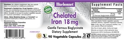 Photo of the Bluebonnet Chelated Iron 18 mg label