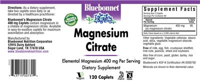 Photo of the Bluebonnet Magnesium Citrate 400 mg label