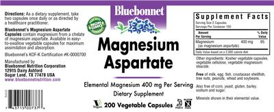 Photo of the Bluebonnet Magnesium Aspartate 400 mg label