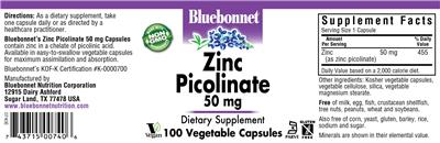 Photo of the Bluebonnet Zinc Picolinate 50 mg label