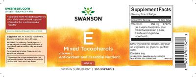 Photo of the Swanson E Mixed Tocopherols 400 IU label
