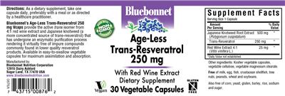 Photo of the Bluebonnet Age-Less Trans-Resveratrol 250 mg label