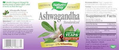Photo of the Nature's Way Ashwagandha Standardized label