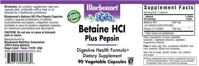 Photo of the Bluebonnet Betaine HCl Plus Pepsin label