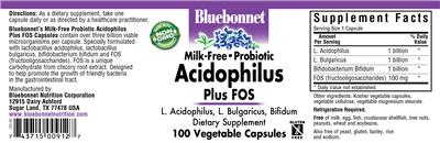 Photo of the Bluebonnet Milk-Free Probiotic Acidophilus Plus FOS label