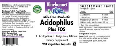 Photo of the Bluebonnet Milk-Free Probiotic Acidophilus Plus FOS label