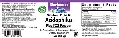 Label of Milk-Free Probiotic Acidophilus Plus FOS Powder