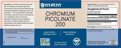 Photo of the MRM Chromium Picolinate 200 label