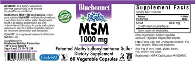 Photo of the Bluebonnet MSM 1000 mg label