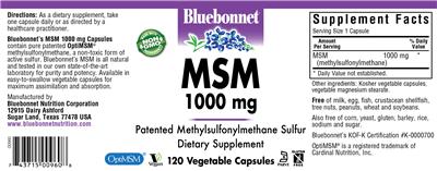 Photo of the Bluebonnet MSM 1000 mg label