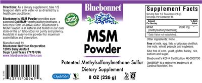 Photo of the Bluebonnet MSM Powder label