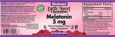 Photo of the Bluebonnet EarthSweet Chewables Melatonin 5 mg Natural Raspberry Flavor label