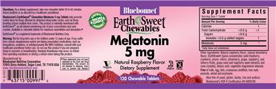 Photo of the Bluebonnet EarthSweet Chewables Melatonin 5 mg Natural Raspberry Flavor label