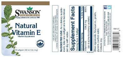 Photo of the Swanson Premium Brand Natural Vitamin E 200 IU (134.2 mg) label