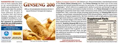Photo of the ProCaps Laboratories Ginseng 200 label
