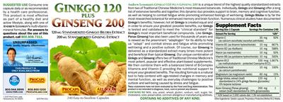 Photo of the ProCaps Laboratories Ginkgo 120 Plus Ginseng 200 label