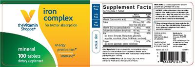 Photo of the The Vitamin Shoppe Iron Complex label