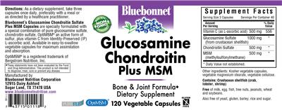 Photo of the Bluebonnet Glucosamine Chondroitin Sulfate Plus MSM label
