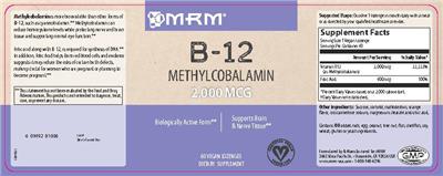 Photo of the MRM B-12 Methylcobalamin 2,000 mcg label