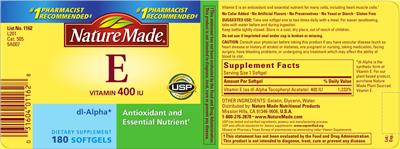 Photo of the Nature Made Vitamin E 400 IU label
