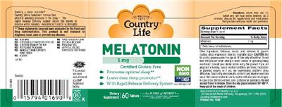 Photo of the Country Life Melatonin 1 mg label