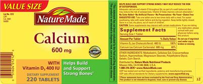 Photo of the Nature Made Calcium 600 mg with Vitamin D3 400 IU label