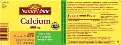 Photo of the Nature Made Calcium 600 mg With Vitamin D3 400 IU label